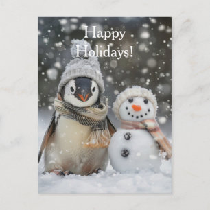 Carte Postale Mignon manchot avec un thème hivernal de bonhomme