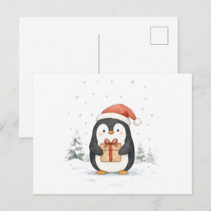 Carte Postale Mignon manchot de Noël avec cadeau et chapeau de P