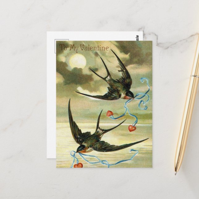 Carte Postale mignon oiseau vintage Valentine (Devant/Arrière en situation)
