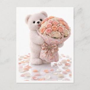 Carte Postale Mignon ours en peluche tenant un bouquet de roses 
