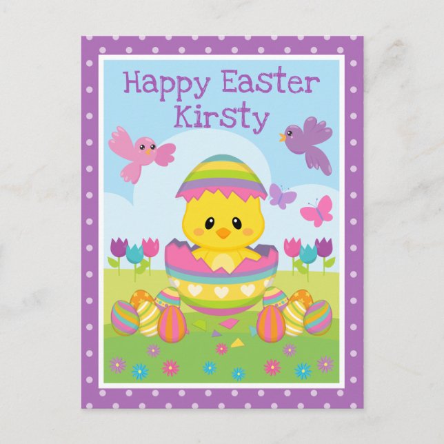 Carte Postale Mignon Pâques de printemps Poussin & Œufs en Choco (Devant)