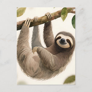 Carte Postale Mignon paresseux suspendu aquarelle sourire détend
