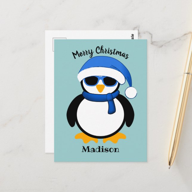 Carte Postale Mignon pingouin cool Joyeux Noël bleu  (Devant/Arrière en situation)