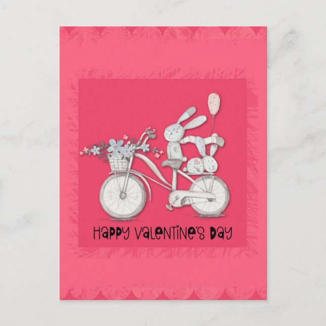 Carte Postale Mignonette lapin de la Saint Valentin sur un vélo (Devant)