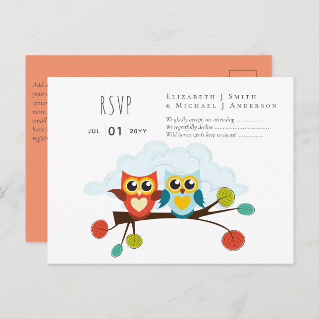 Carte Postale Mignonette OWLS Mariage à thème Bleu orange (Devant / Derrière)