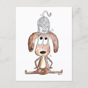 Carte Postale Mignonne chien Whimsical avec chat sur sa tête