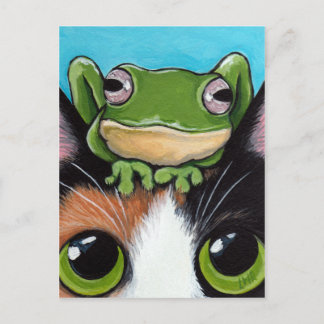 Carte postale mignonne de grenouille et de chat