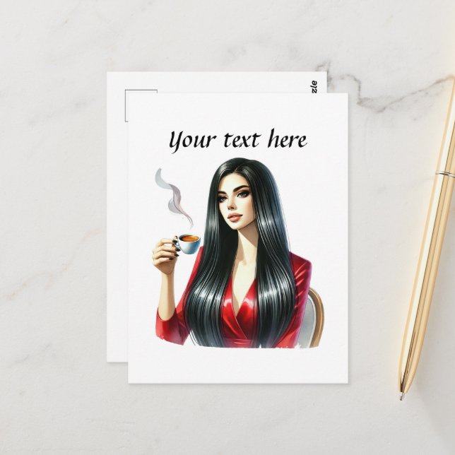 Carte Postale Mignonne femme de café ajouter du texte (Devant/Arrière en situation)