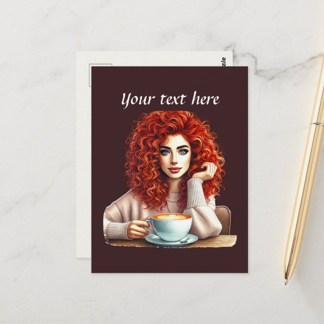 Carte Postale Mignonne femme de café ajouter du texte (Devant/Arrière en situation)