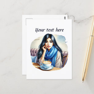 Carte Postale Mignonne femme de café ajouter du texte