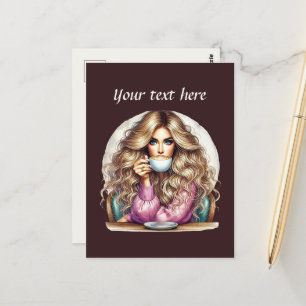 Carte Postale Mignonne femme de café ajouter du texte