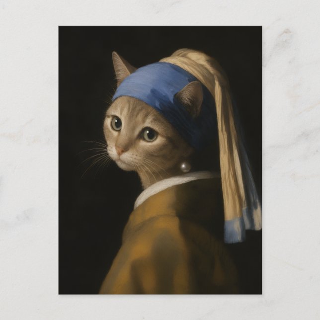 Carte Postale Mignonne Fille au Chat avec une Perle Art (Devant)