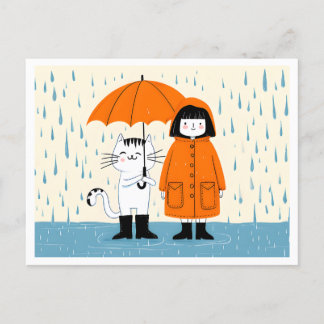 Carte Postale Mignonne fille et chat dans la pluie - Whimsical
