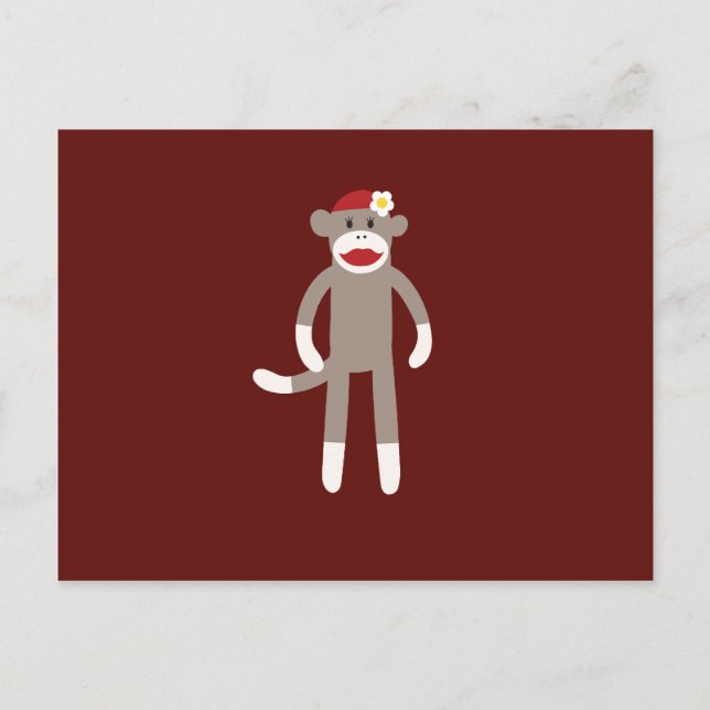 Carte Postale Mignonne fille Sock Singe sur rouge (Devant)
