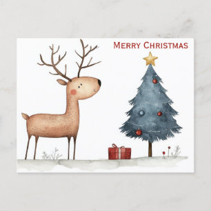 Carte Postale Mignonne Joyeux Arbre de Noël Reindeer Whimsical