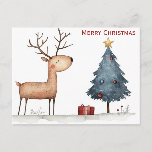 Carte Postale Mignonne Joyeux Arbre de Noël Reindeer Whimsical (Devant)