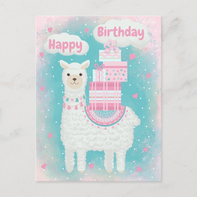 Carte Postale Mignonne lama rose et turquoise avec cadeaux (Devant)