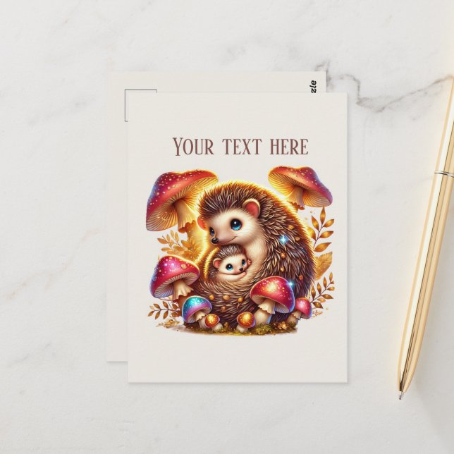 Carte Postale Mignonne Maman bébé hérisson ajouter du texte  (Devant/Arrière en situation)