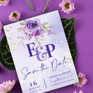 Carte Postale Mignonne Monogramme Purple Floral Mariage Enregist