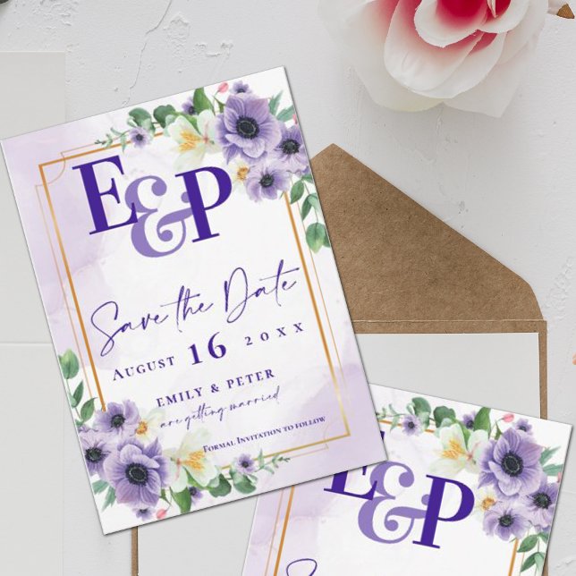 Carte Postale Mignonne Monogramme Purple Floral Mariage Enregist (Créateur téléchargé)
