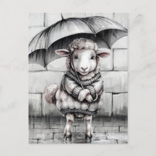 Carte Postale Mignonne Mouton avec Parapluie Noir et Blanc