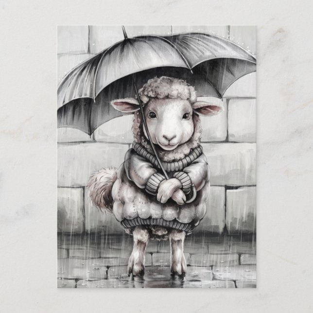 Carte Postale Mignonne Mouton avec Parapluie Noir et Blanc (Devant)