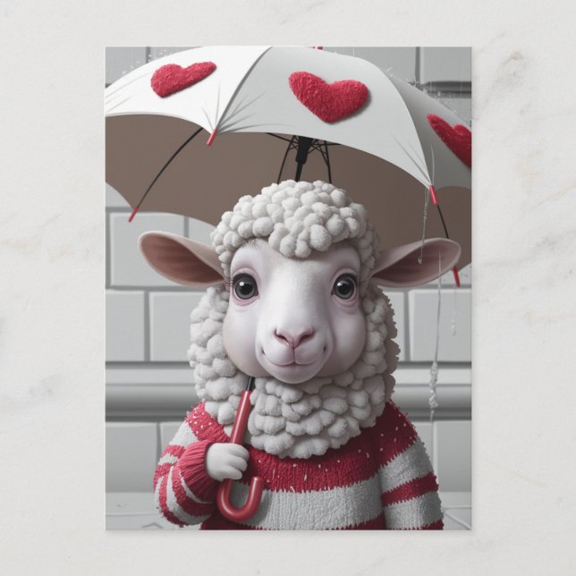 Carte Postale Mignonne Mouton avec Sweat et Parapluie (Devant)