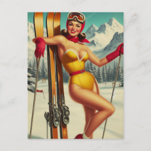 Carte Postale Mignonne Pin De Ski Vintage