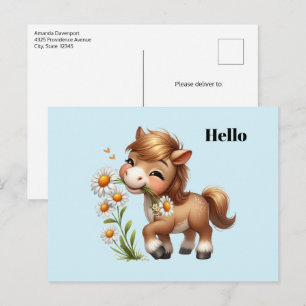Carte Postale Mignonne Pony Mange Manger Des Marguerites