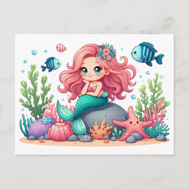 Carte Postale Mignonne Sirène Whimsical Et Les Amis Du Poisson S (Devant)