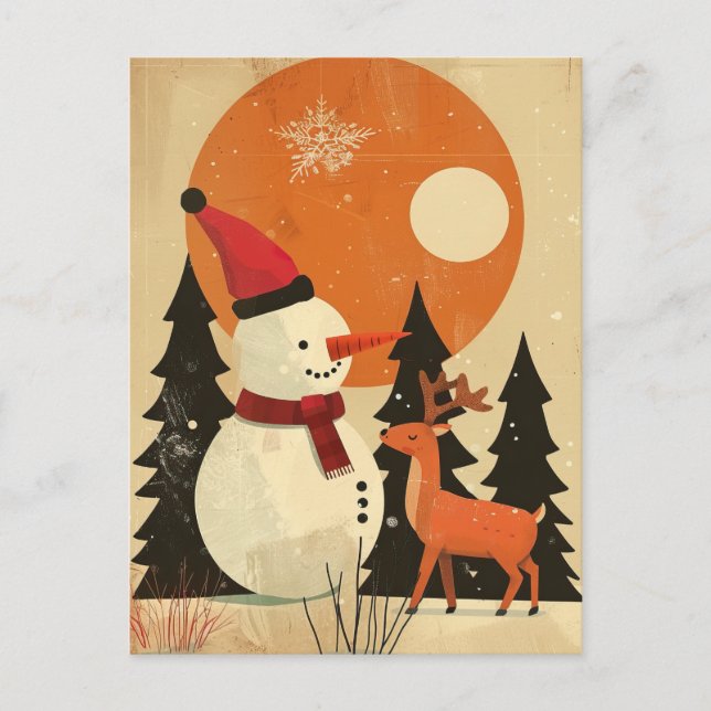 Carte Postale Mignonne Snowman avec Reindeer Retro Mid Century N (Devant)