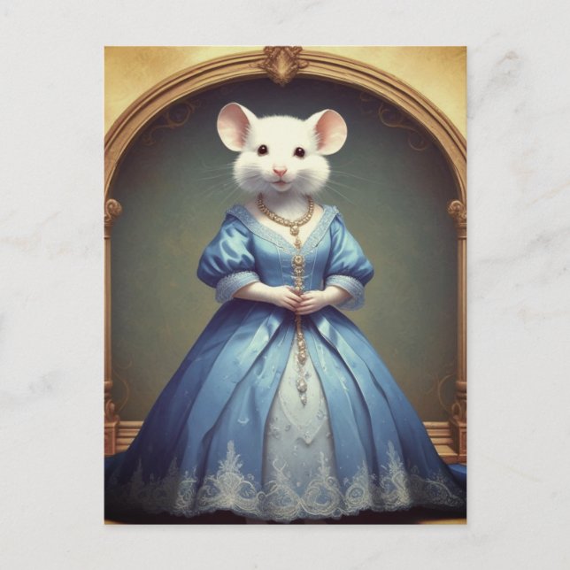 Carte Postale Mignonne Souris Blanche Porte Robe Bleue (Devant)