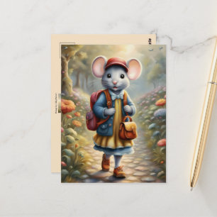 Carte Postale Mignonne souris fille sur le chemin de l'école, co
