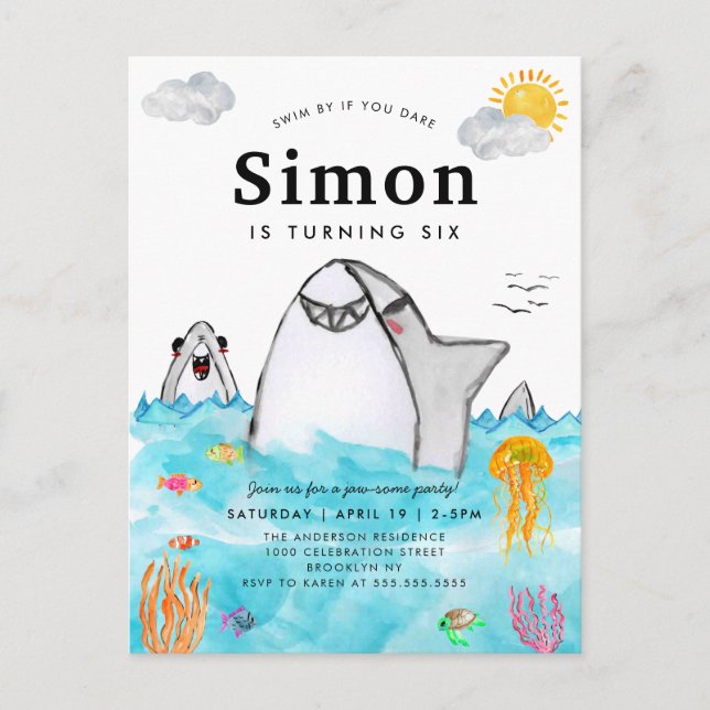 Carte Postale Mignonne Sous La Mer Nager Requin Océan Anniversai (Devant)