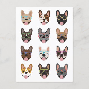 Carte Postale Mignons Bulldogs français portant des lunettes