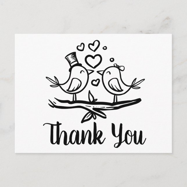 Carte Postale Mignons Oiseaux Loverbird Noir Blanc Mariage Merci (Devant)