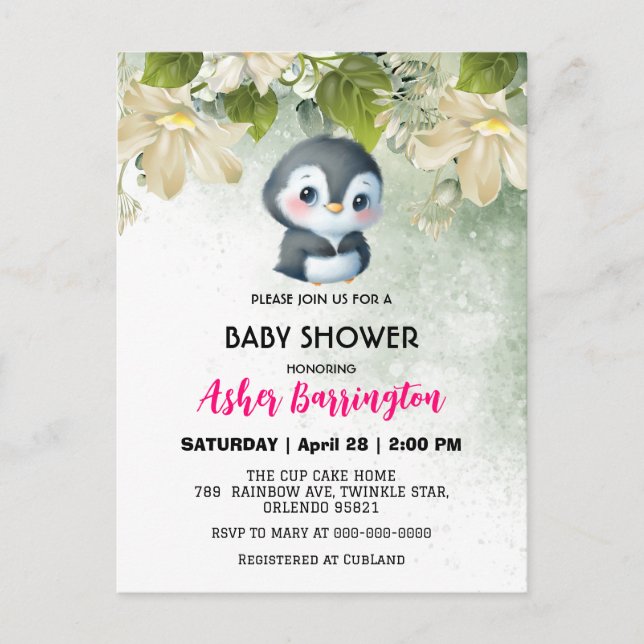 Carte Postale Mignons petits manchots verts fleurs douces shower (Devant)
