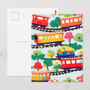 Carte Postale Mignons trains et motif d'arbres bleu