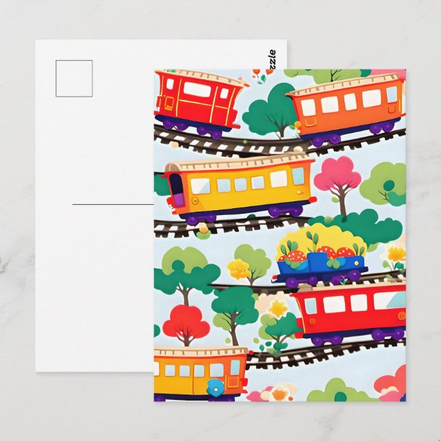 Carte Postale Mignons trains et motif d'arbres bleu (Devant / Derrière)