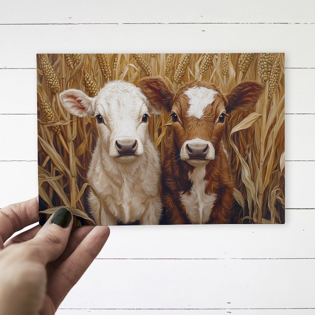 Carte Postale Mignons Veaux de Vache dans un Champ de Maïs (Postcard with two calves in a corn field, being held by a hand over a white wood surface.)