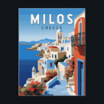 Carte Postale Milos Grèce Travel Art Vintage<br><div class="desc">Conception de déplacement vectoriel rétro Milos. Milos ou Melos est une île volcanique grecque dans la mer Egée,  juste au nord de la mer de Crète.</div>