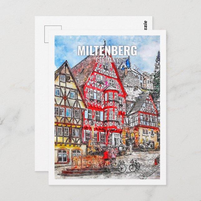 Carte Postale Miltenberg Allemagne Fameux Travel Place aquarelle (Devant / Derrière)