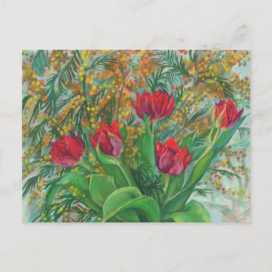Carte Postale Mimosa et Tulipes, Fleurs de Printemps, Peinture F