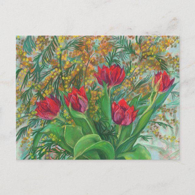 Carte Postale Mimosa et Tulipes, Fleurs de Printemps, Peinture F (Devant)