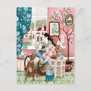 Carte Postale Mince rose confortable séjour à la maison lecture