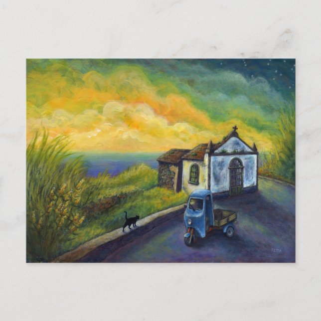 Carte Postale Mini Art Chat Imaginaire Ciel Jaune Fauve Ocean St (Devant)