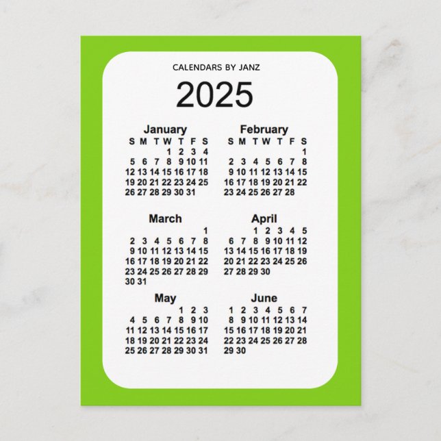 Carte Postale Mini calendrier 2025 Jaune Vert 6 mois par Janz (Devant)