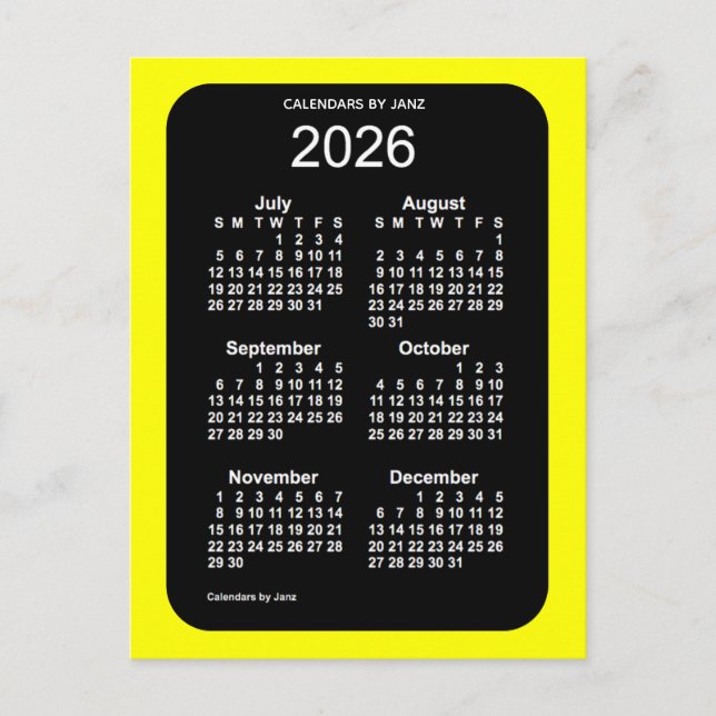 Carte Postale Mini calendrier 2026 Jaune Neon 6 mois par Janz (Devant)