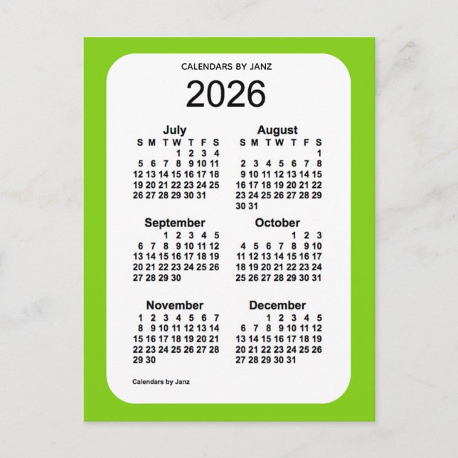Carte Postale Mini calendrier 2026 Jaune Vert 6 mois par Janz (Devant)