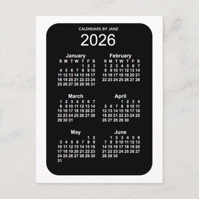 Carte Postale Mini calendrier 2026 White Neon 6 mois par Janz (Devant)